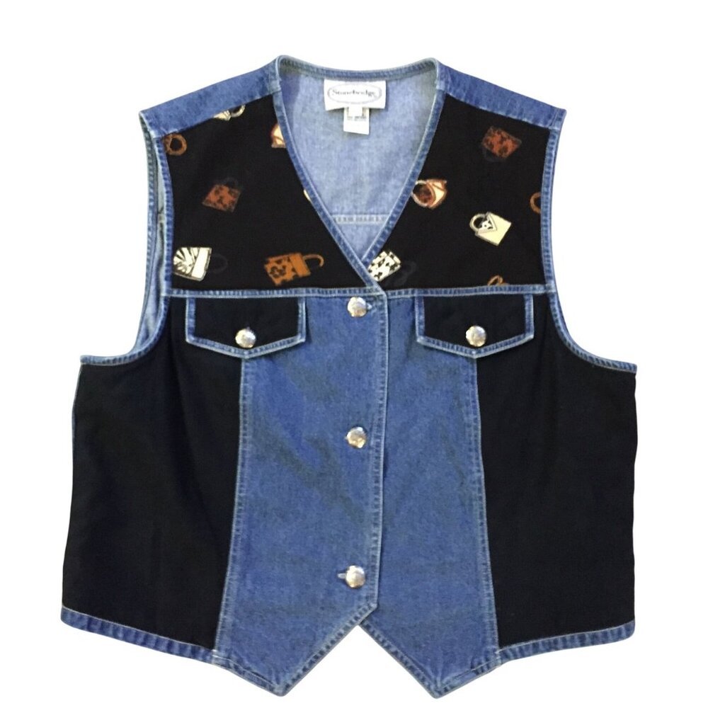 Stonebridge Denim Vest Womens XL Purse Print Western Button Front Used